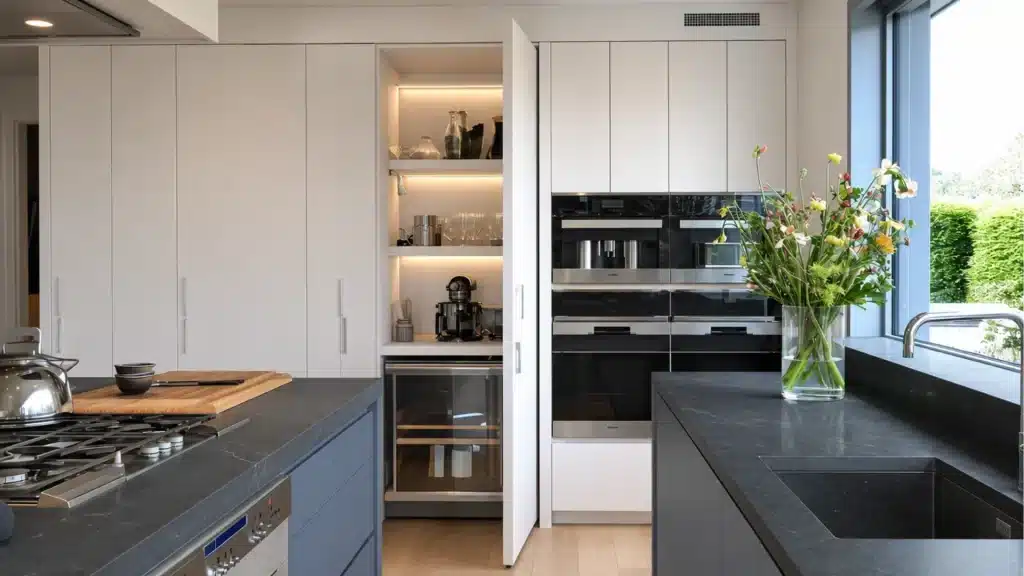 Modern kitchen with a cabinet door open to reveal a hidden appliance shelf beside built-in ovens and a wine fridge.
