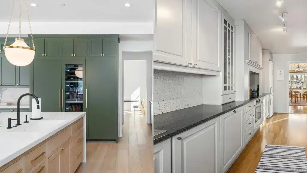 Side-by-side comparison of green inset cabinets and light gray overlay cabinets in a kitchen