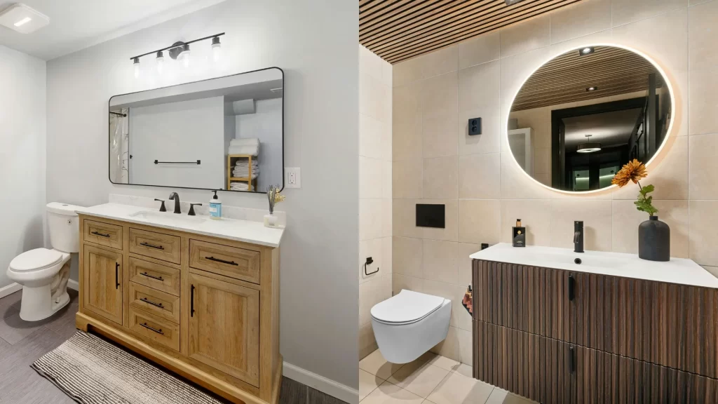 Side-by-side vanities: a framed mirror under a standard four-light vanity bar, and a round backlit LED mirror on a dark wood floating vanity