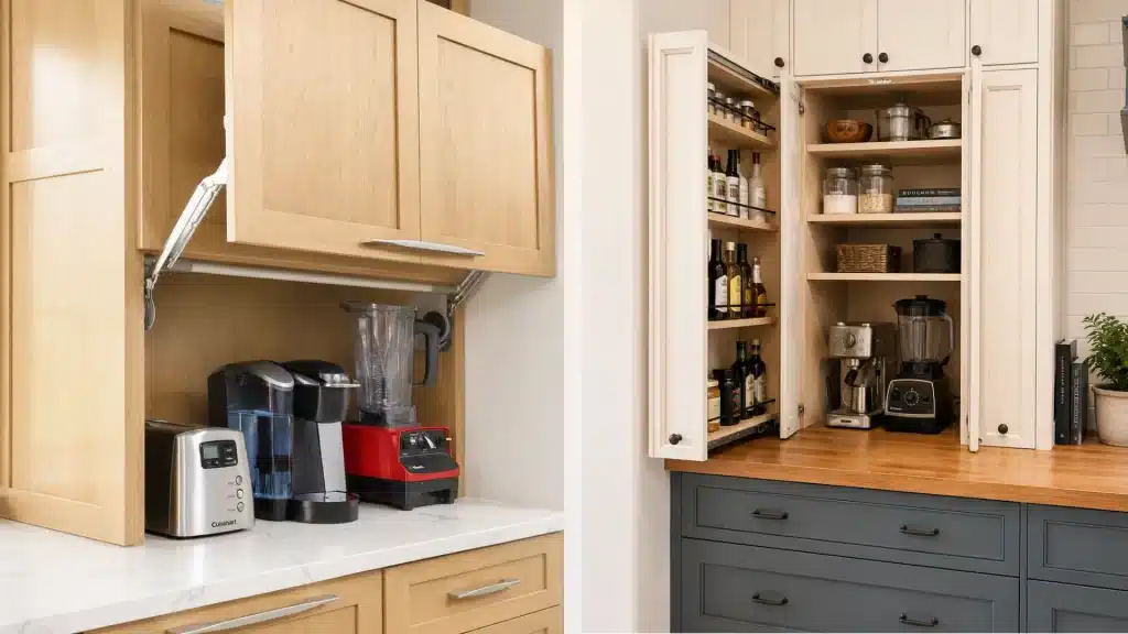 Side-by-side photos of a wood-tone appliance garage holding a toaster, coffee maker, and blender, and a pull-out pantry cabinet with oils and small appliances.