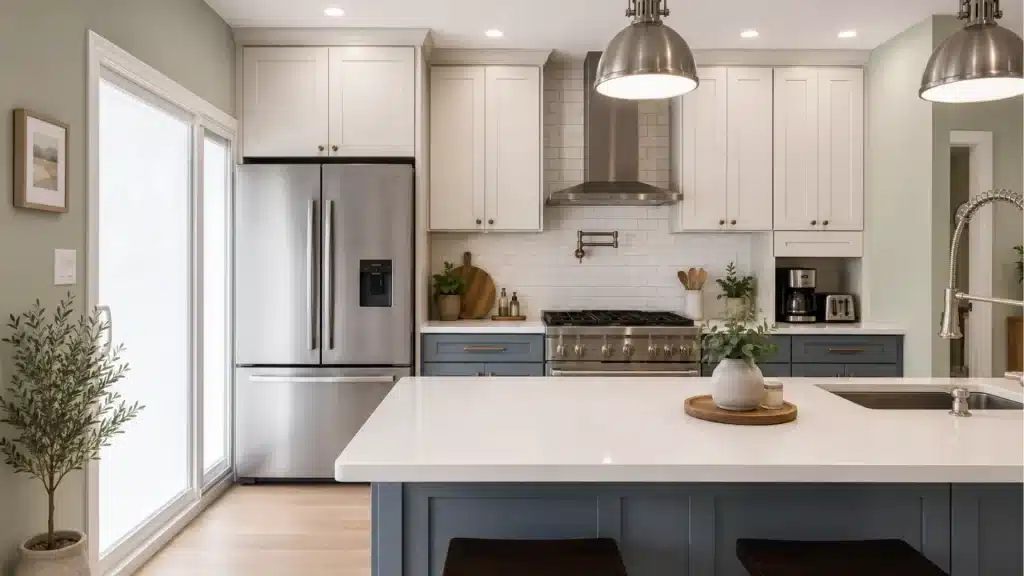 Kitchen with sage green and white cabinetry, a stainless steel refrigerator and range, and small appliances tucked into a corner nook beside a large island.