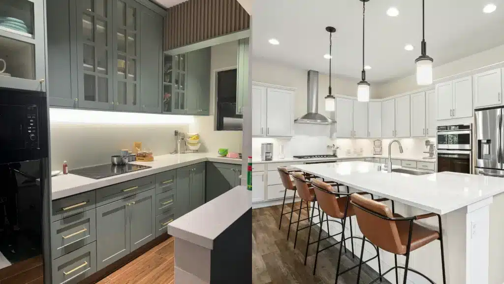 Split comparison of gray glass-front cabinets and a white kitchen island with leather barstools