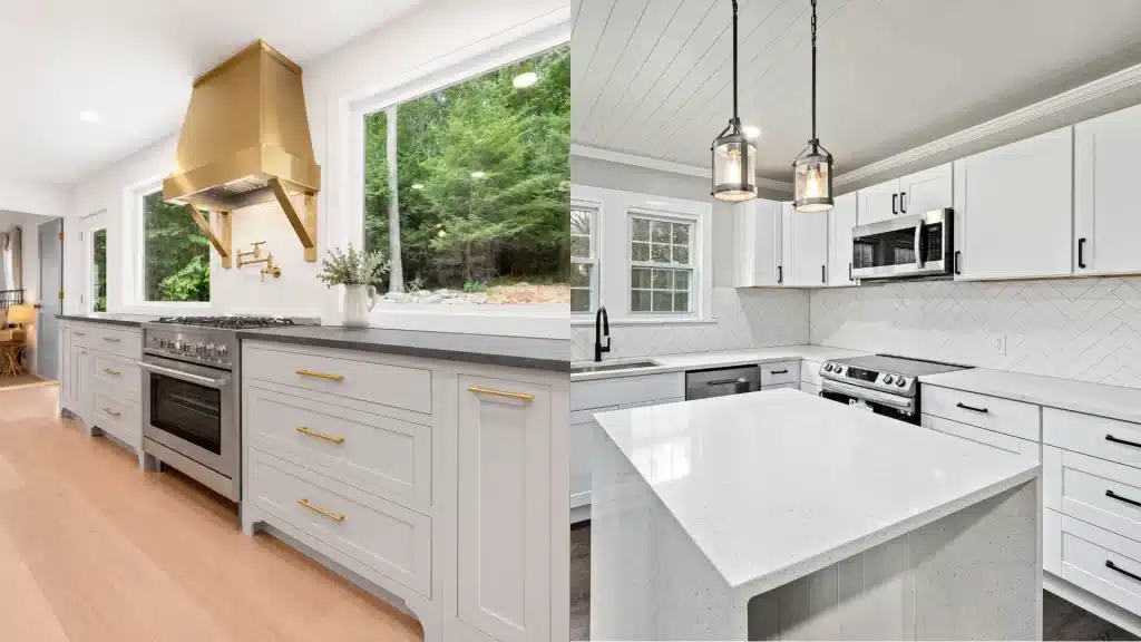 Side-by-side kitchen comparison with a gold range hood and a white quartz island with pendant lights