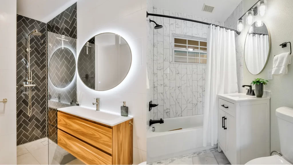 Side-by-side bathrooms: a round backlit LED mirror over a wood floating vanity, and a white vanity with a round mirror lit by standard wall sconces