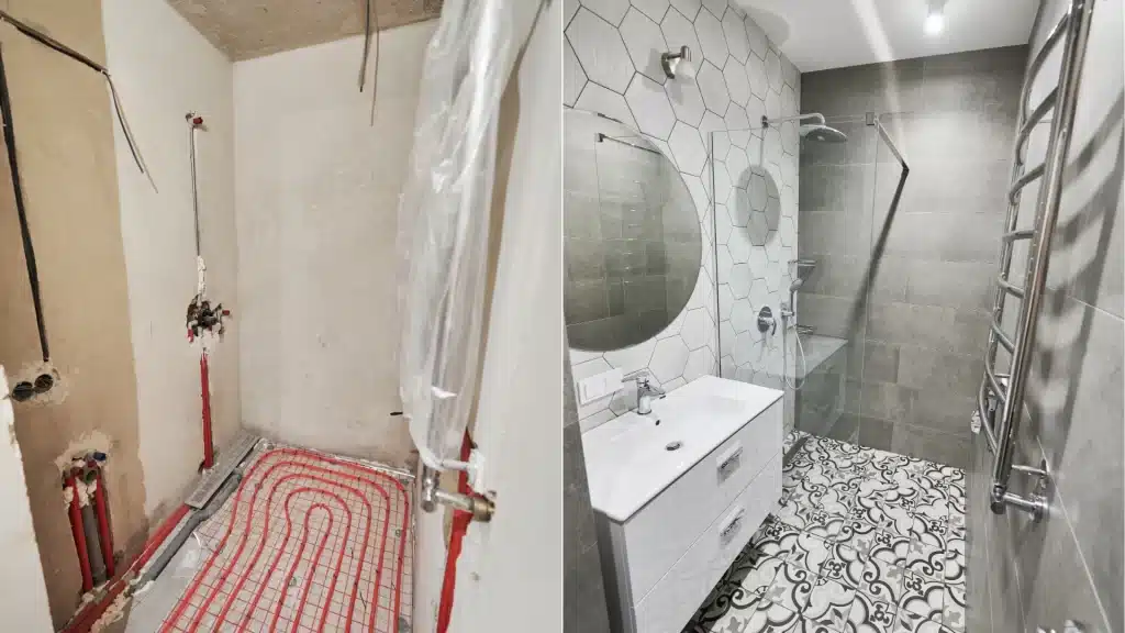 Bathroom renovation before and after showing radiant floor heating installation and finished shower remodel with hexagon tile