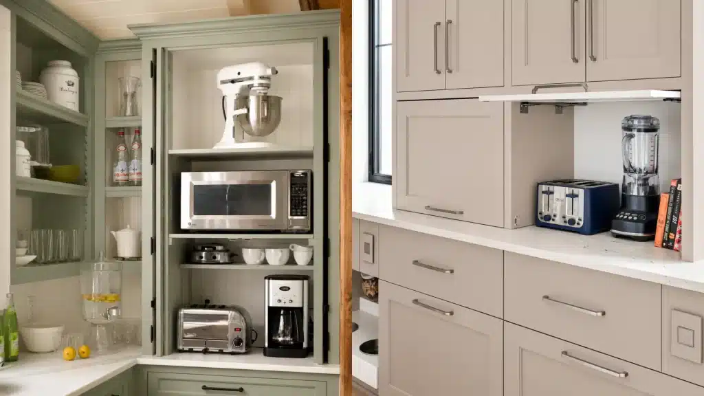 Side-by-side photos of a sage green pantry cabinet storing a stand mixer, microwave, and toaster, and a taupe appliance garage with a lift-up door revealing a toaster and blender.