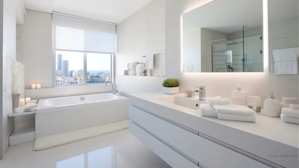 Bright white modern bathroom with a large backlit LED mirror above a floating vanity and a soaking tub beside a window with a city view