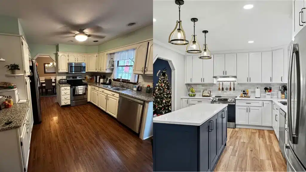 Before and after kitchen remodeling showcasing cream cabinetry with granite counters transformed to white shaker cabinets with quartz island