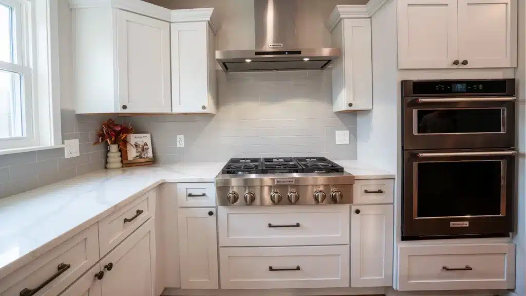 Modern white shaker kitchen with quartz countertops, stainless steel gas range, and subway tile backsplash renovation