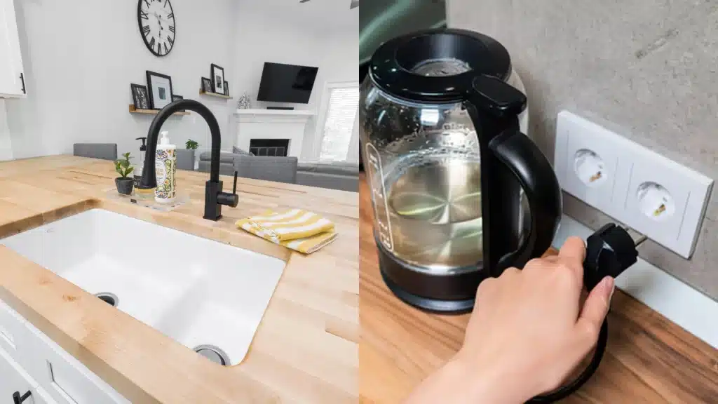 Modern kitchen renovation with wood countertops, white farmhouse sink, black faucet, and stainless steel kettle
