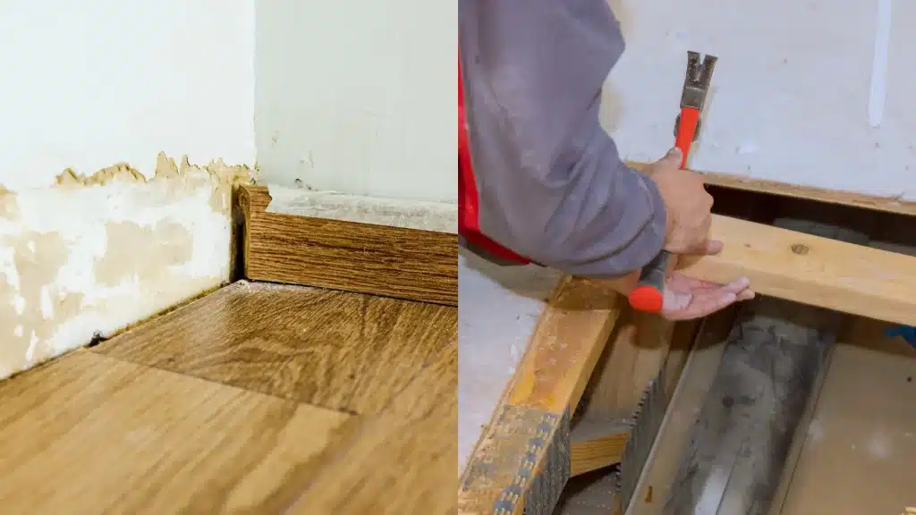 Contractor removing old baseboard trim during home renovation with pry bar and hammer