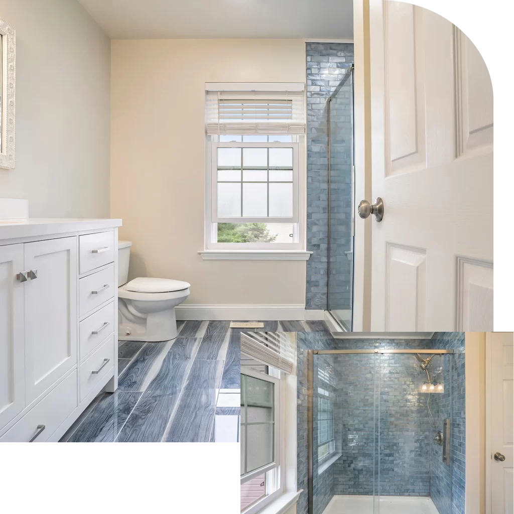 Modern bathroom remodel with white vanity, blue subway tile shower, gray wood-look flooring, and natural light from window