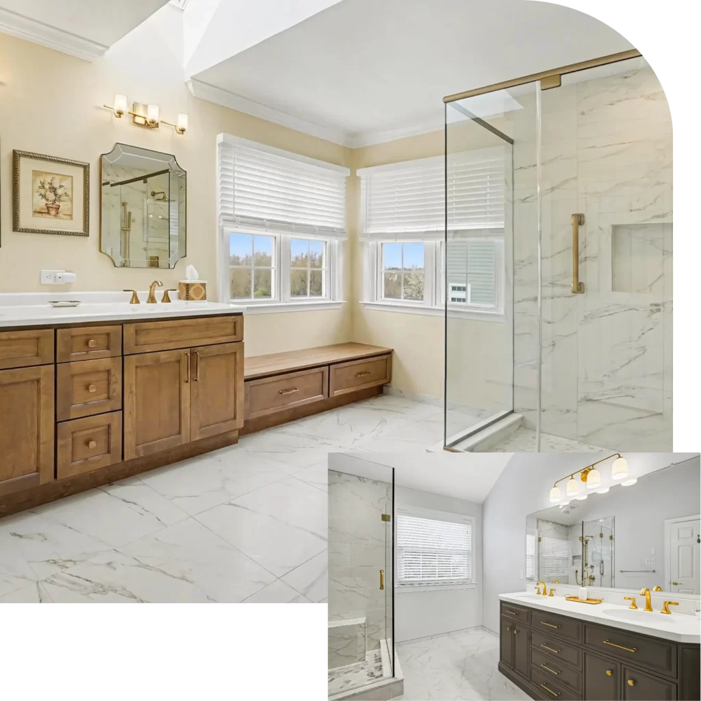 Luxury master bathroom remodel with marble flooring, wood vanity, frameless glass shower enclosure, and brass fixtures