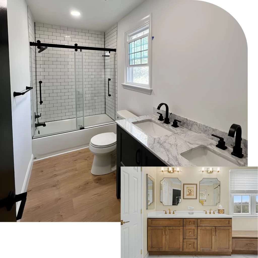 Modern bathroom remodel with subway tile shower, marble countertops, dual vanity, and black fixtures by Pottstown Construction Company