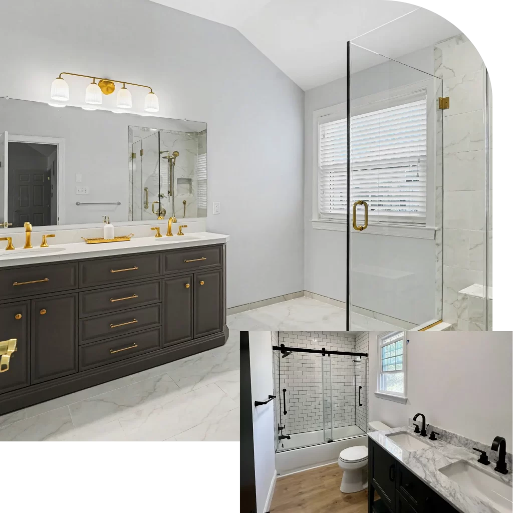 Luxury bathroom remodel with dark vanity, marble countertops, gold fixtures, and frameless glass shower enclosure