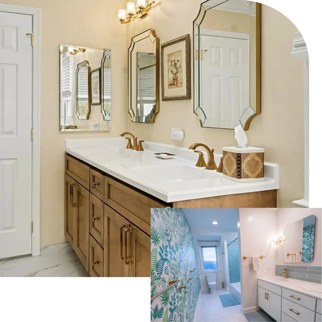 Luxury bathroom vanity with dual sinks, gold faucets, white countertop, wood cabinets, and decorative mirrors