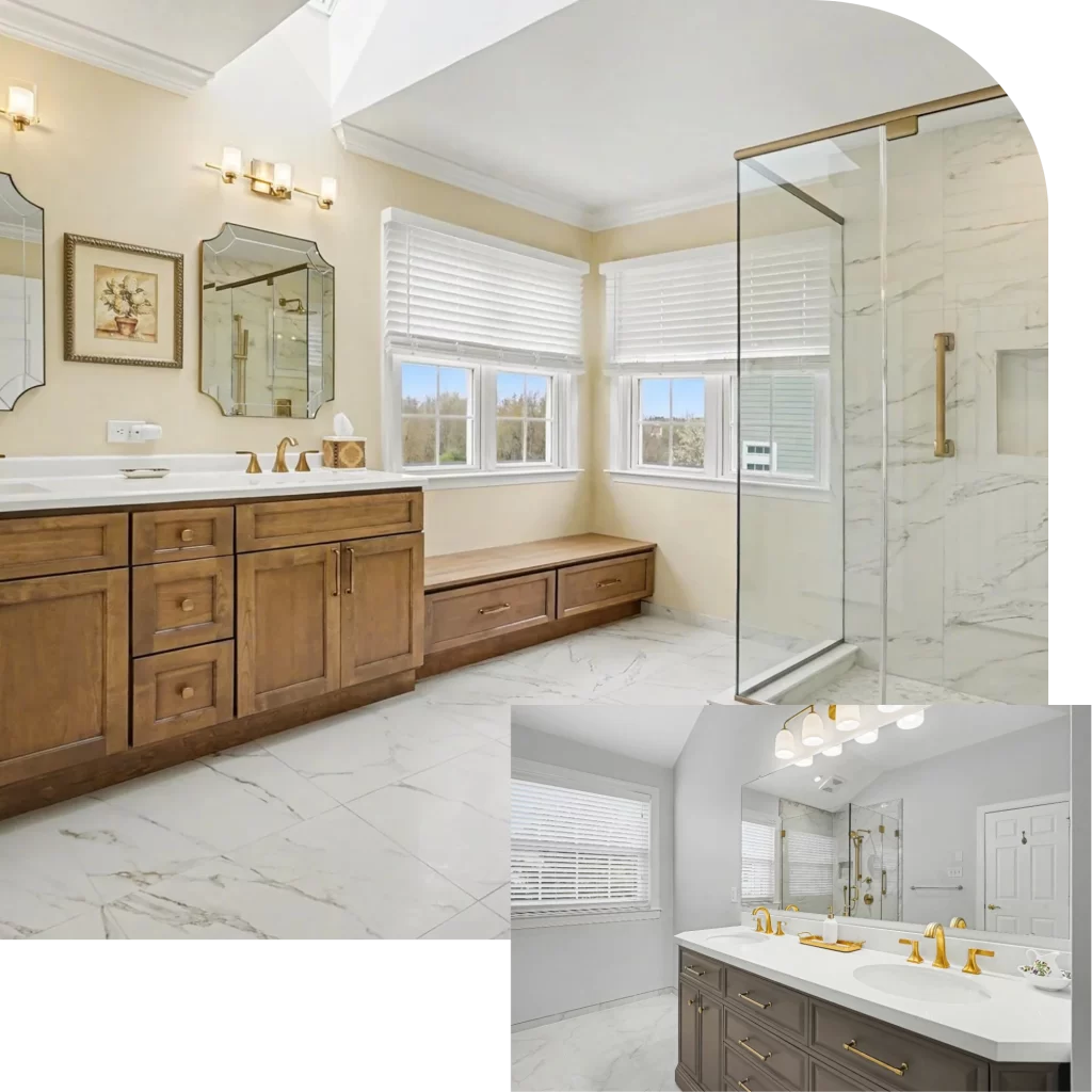 Luxury master bathroom remodel with marble flooring, wood vanity, glass walk-in shower, and dual sinks
