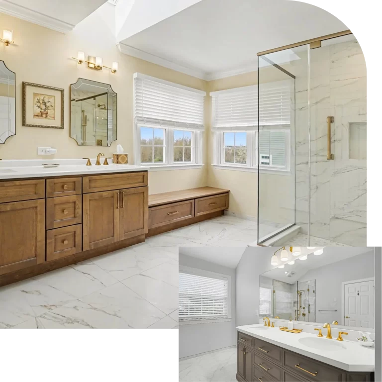 Luxury master bathroom remodel with marble flooring, wood vanity, glass walk-in shower, and dual sinks