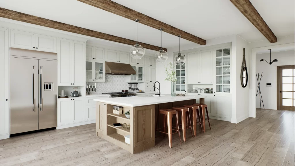 Modern farmhouse kitchen remodel with white shaker cabinets, wood beams, island with seating, and stainless steel appliances
