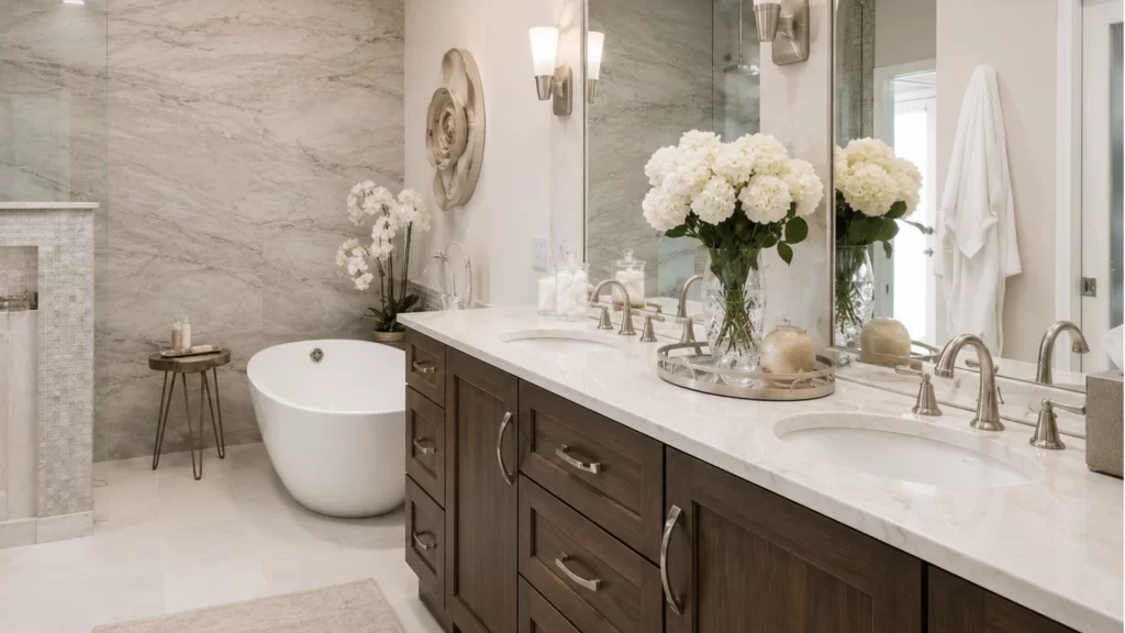 Luxury master bathroom remodel with marble tile walls, freestanding soaking tub, and double vanity with quartz counters