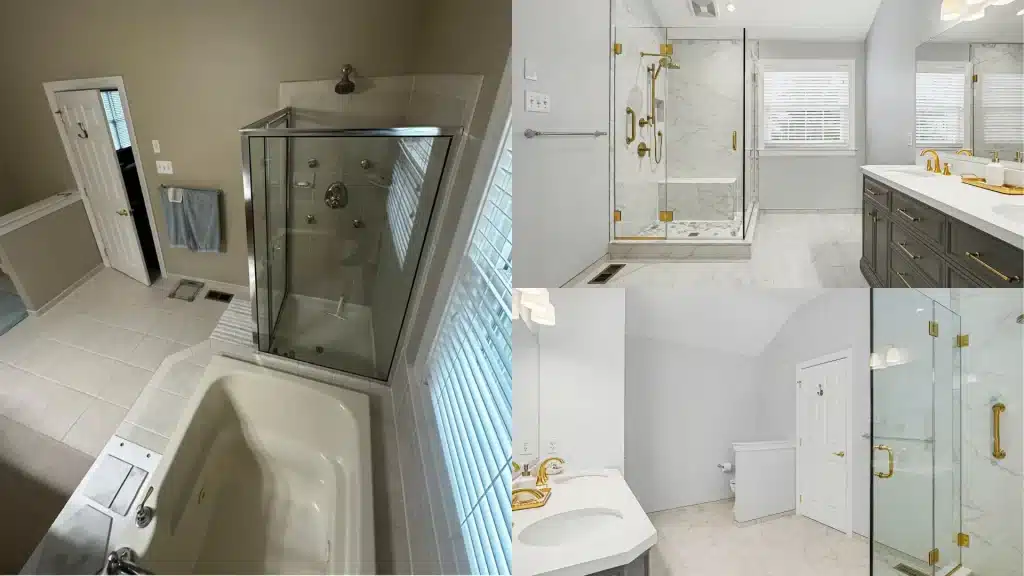 Bathroom remodel before-and-after collage with upgraded shower, vanity, and marble finishes