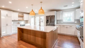 Modern kitchen remodel with white shaker cabinets, wood island, stainless steel appliances, and quartz countertops by Pottstown Construction