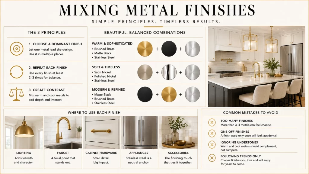 Guide to mixing metal finishes in kitchen and bathroom remodeling with brass, black, and stainless steel combinations
