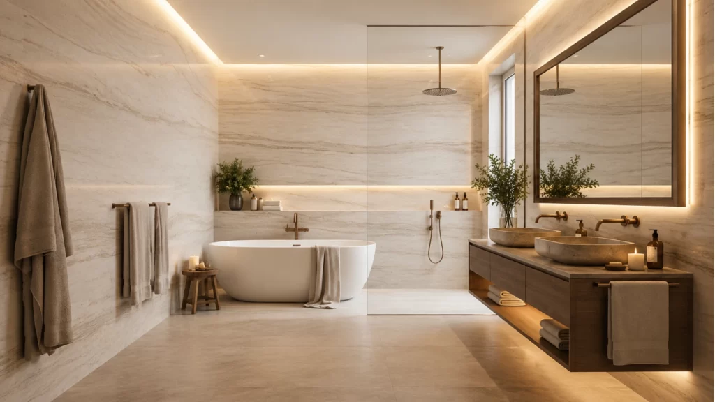 Modern luxury bathroom remodel with marble tile, freestanding soaking tub, and double vanity by Pottstown Construction