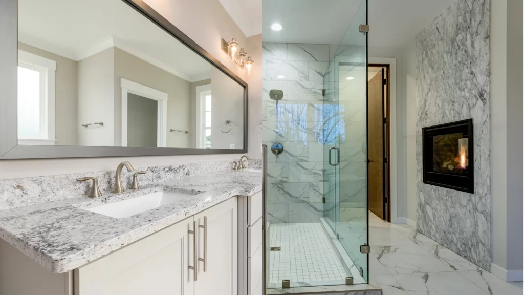 Luxury master bathroom remodel with granite countertops, dual sinks, frameless glass shower, and marble tile flooring