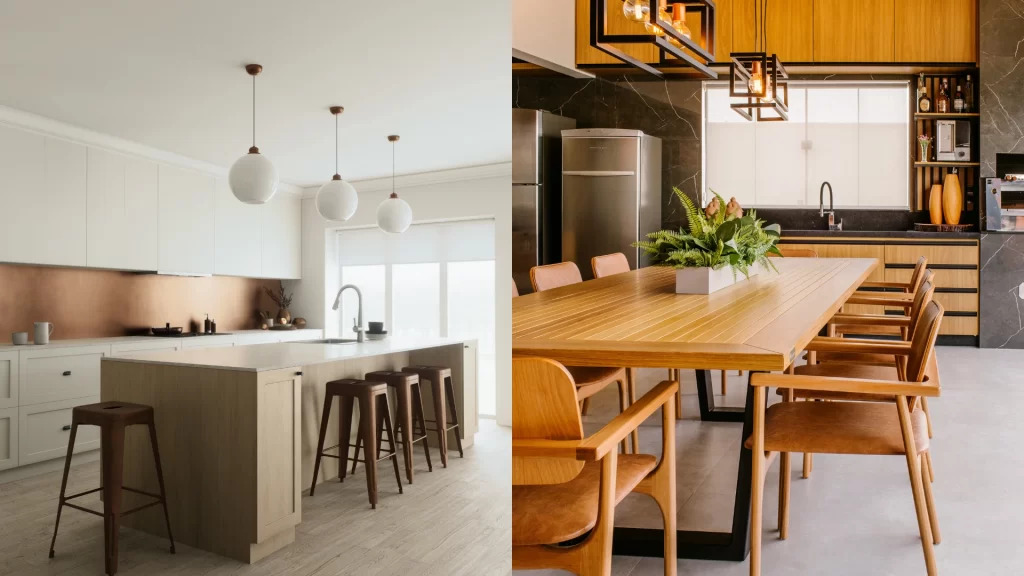 Modern kitchen and dining room remodel with white cabinetry, wood dining table, and stainless steel appliances