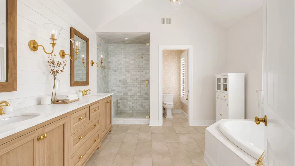 Luxurious master bathroom remodel with wood vanity, marble tile shower, and freestanding soaking tub