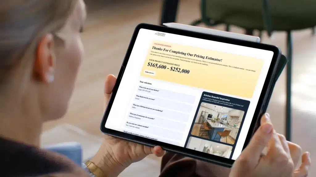 Homeowner reviewing kitchen remodeling pricing estimate on tablet displaying $165,600-$252,000 project cost and design inspiration photos