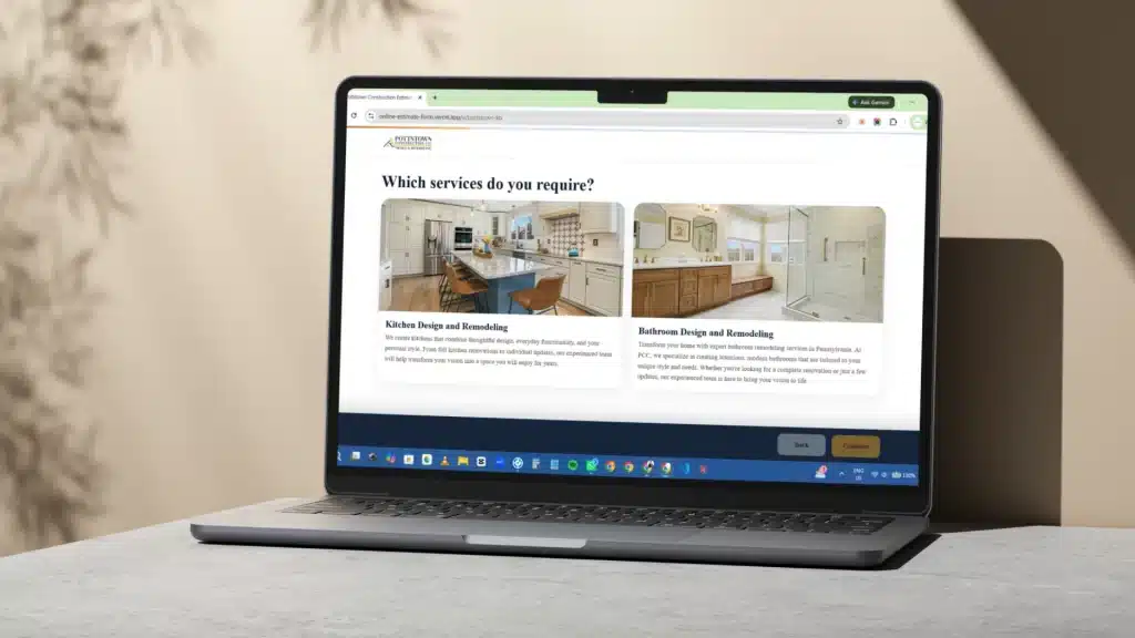 Pottstown Construction Company website showing kitchen and bathroom remodeling service options on estimate form