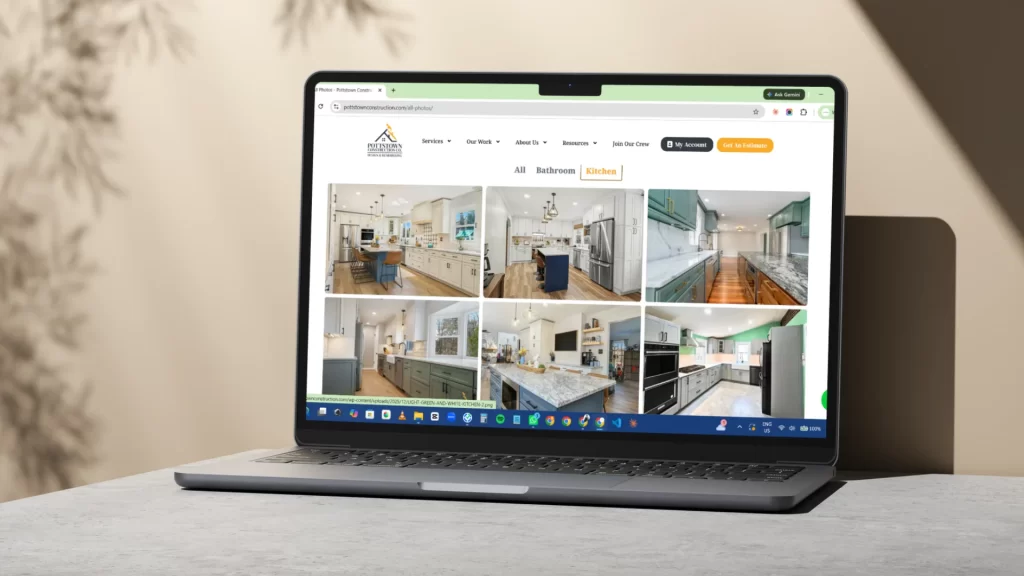Pottstown Construction Company website displayed on laptop showing kitchen and bathroom remodeling portfolio projects
