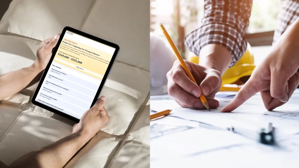 Construction estimate on tablet and contractor reviewing blueprints with pencil and hard hat