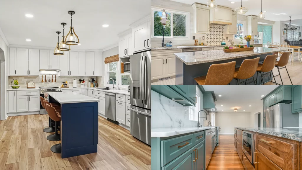 Three remodeled kitchens with white shaker, cream, and teal cabinets, granite islands, and leather bar stools