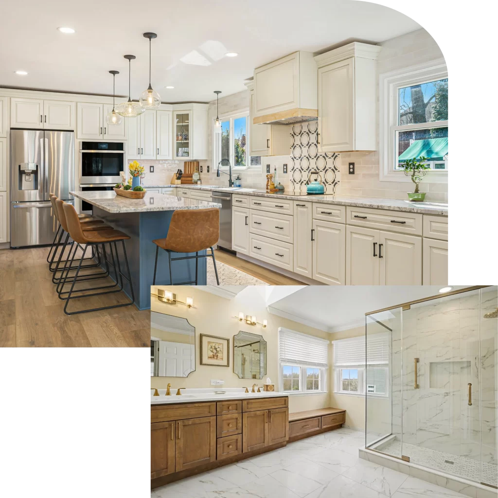 Remodeled white kitchen with blue island and granite counters beside a marble bathroom with walk-in glass shower