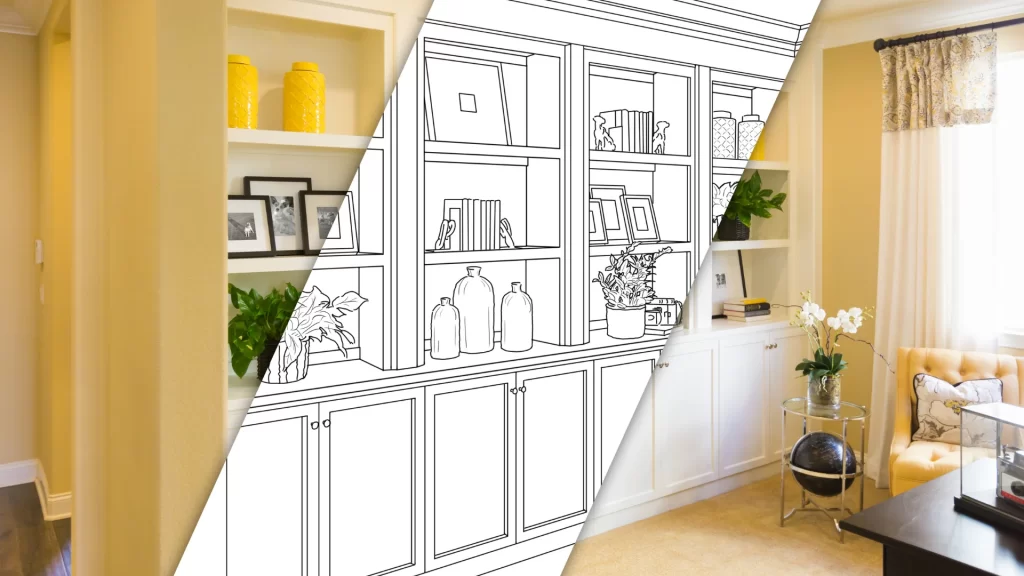 Home renovation design concept blending yellow painted walls with white cabinetry and built-in shelving for modern home remodeling