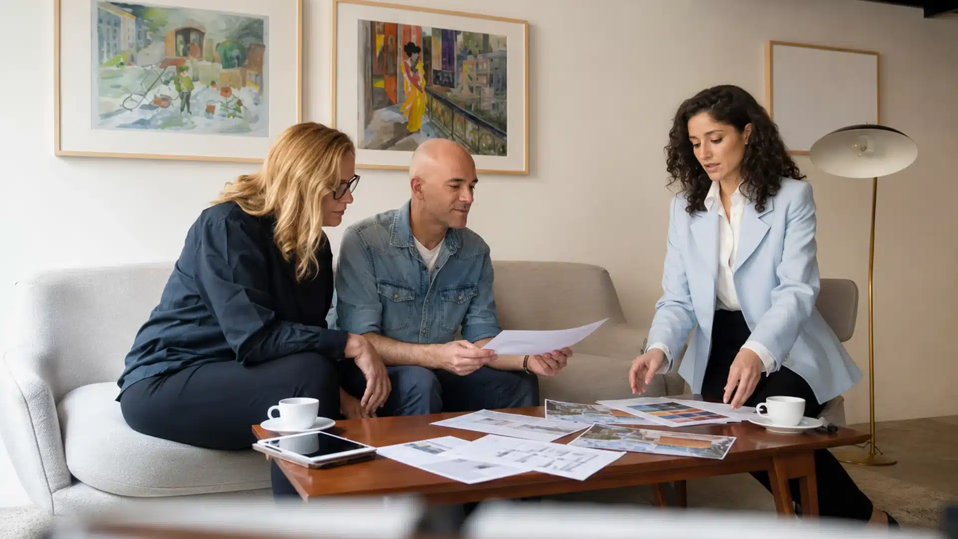 Blog 61 Homeowner consulting with contractor and designer reviewing renovation plans and blueprints on coffee table