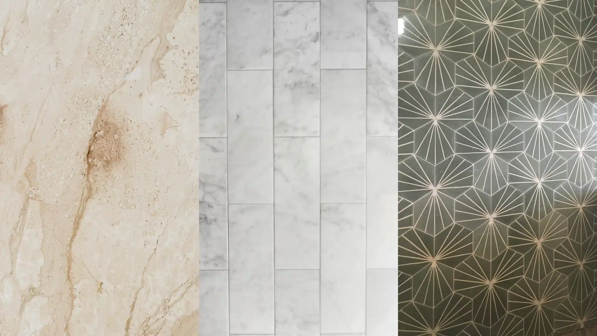 Blog 51 Side-by-side bathroom flooring materials: beige travertine, white Carrara marble tile, and green patterned hexagon tile
