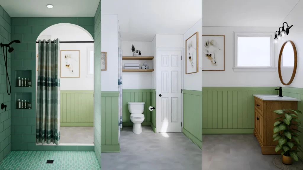 Bathroom remodel with sage green beadboard wainscoting, arched tiled shower, white six-panel door, and wood vanity