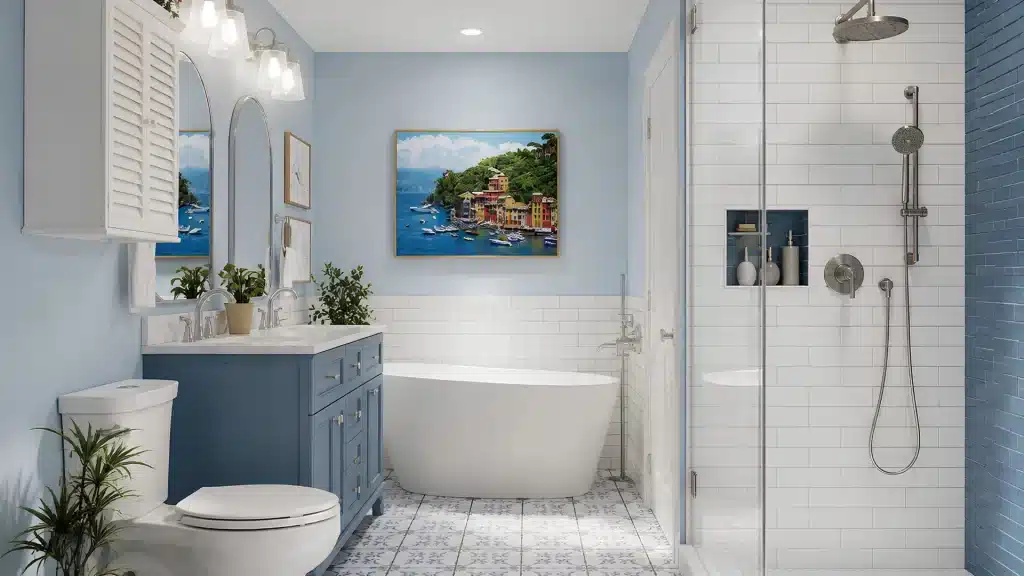 Coastal blue bathroom with freestanding tub, blue shaker vanity, white subway tile, and glass walk-in shower