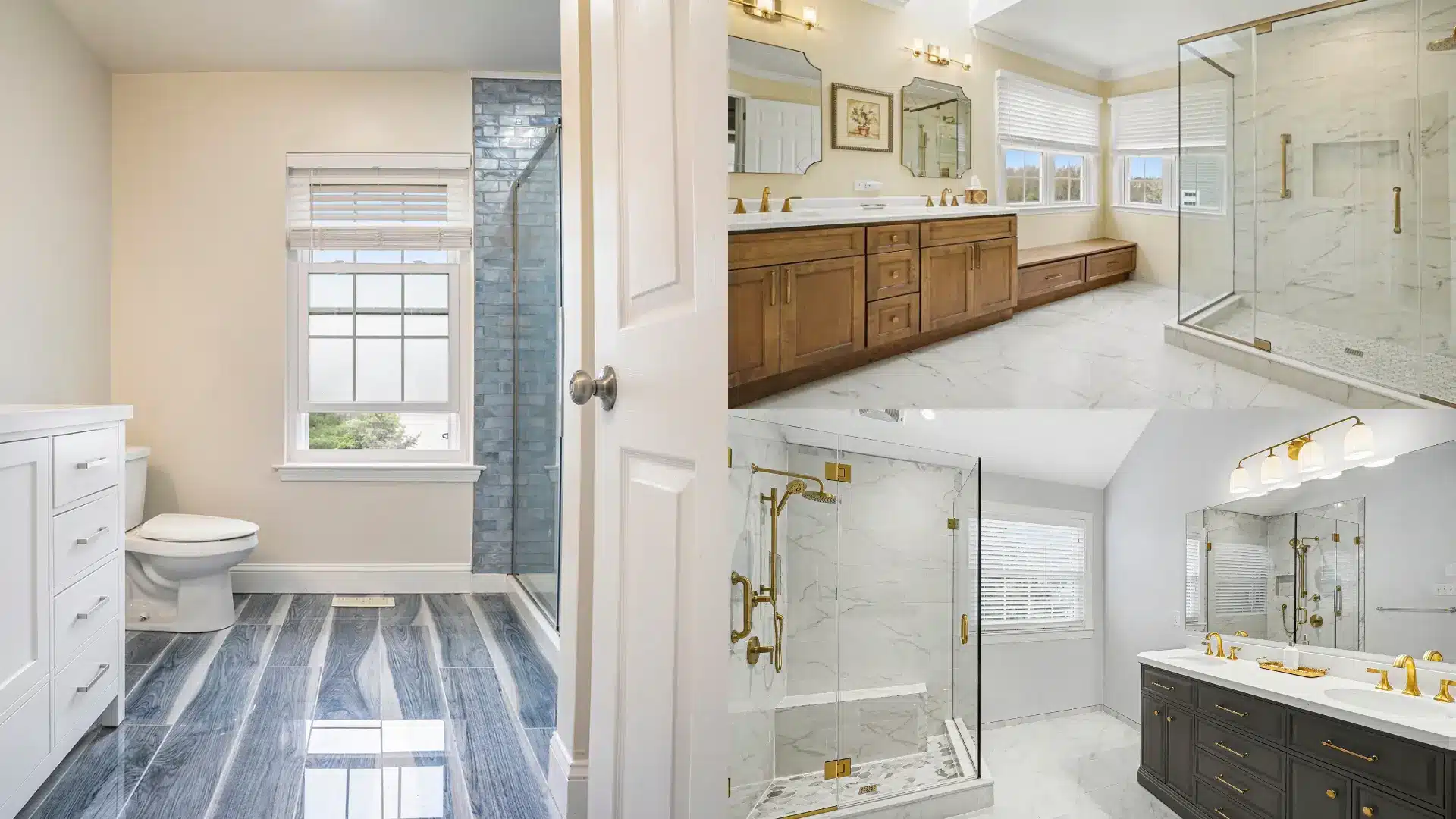 Blog 50 Collage of remodeled bathrooms with blue tile shower, wood vanity with gold fixtures, and marble glass shower