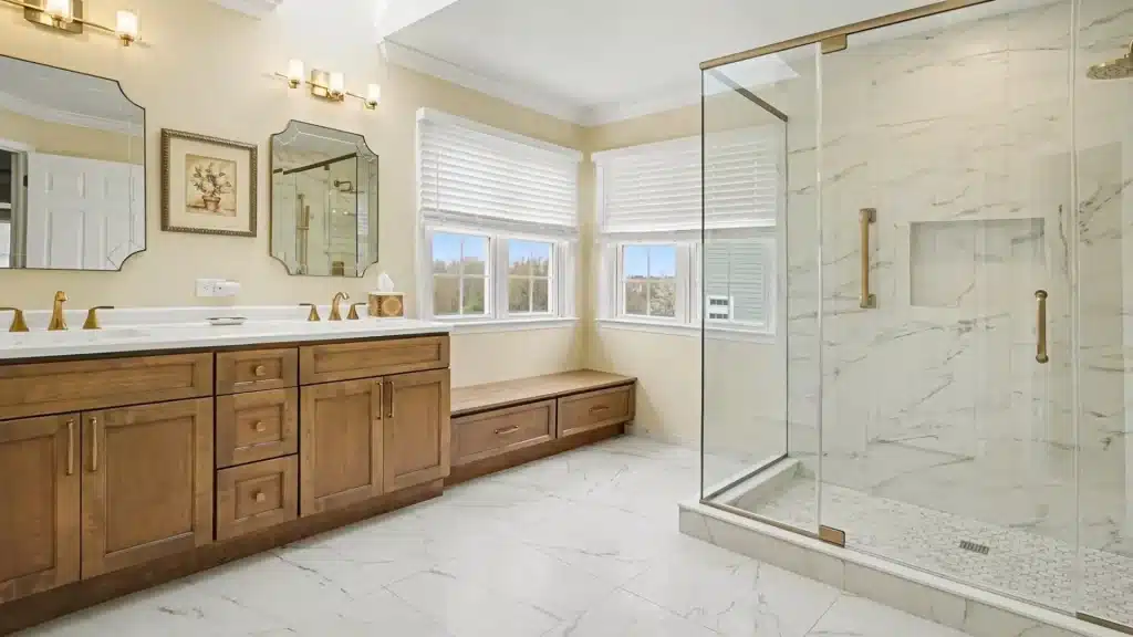Primary bathroom with wood double vanity, gold faucets, built-in window bench, and marble frameless glass shower